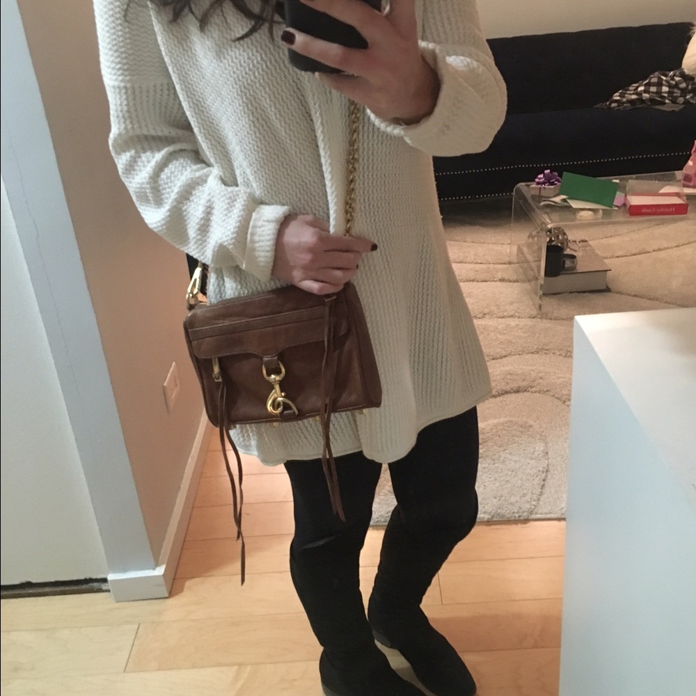 Rebecca Minkoff Mini MAC Crossbody Brown Leather Bag Gold Chain Strap Classic